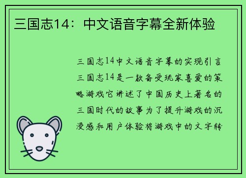三国志14：中文语音字幕全新体验
