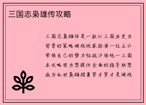 三国志枭雄传攻略
